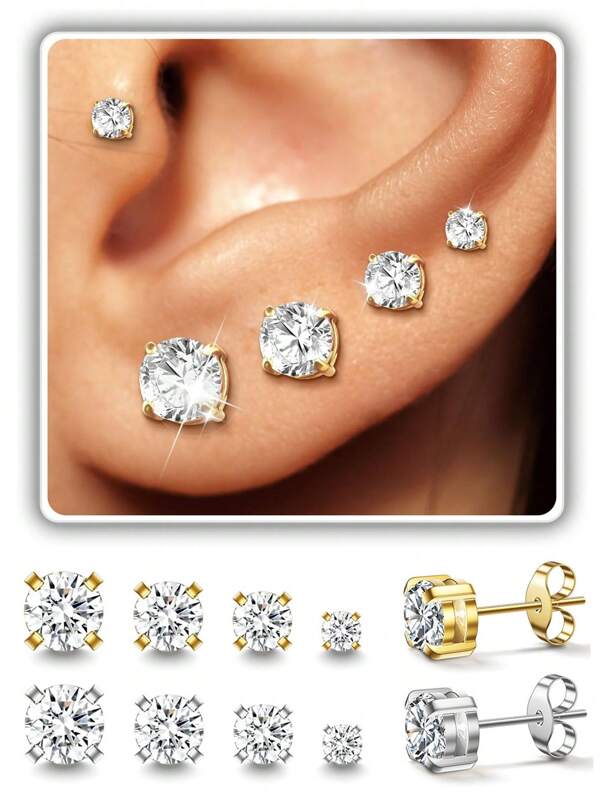 4 pares de pendientes de botón de circonita cúbica para mujeres y hombres, pendientes de botón hipoalergénicos de acero inoxidable de 3-4-5-6 mm, conjunto de pendientes de botón redondo de diamante simulado CZ para múltiples perforaciones