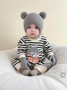 1 Set Baby Solid Color Ear Decor Knitted Beanie Hat & Gloves, Warm & Cozy For Autumn/Winter, New Year Gift - 2-piece Set - View 3