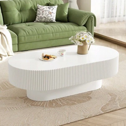 MERAX 43.3"W Elegant Oval Coffee Table With 6.8"Thick Tabletop, Modern Cream Style Drum End Table, Minimalist Fluted Center Table With Sturdy Base For Living Room, Easy Assembly, White