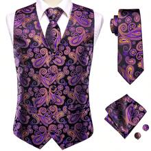 Mens Waistcoat Purple Paisley Vest Tie Hankie Cufflinks Set Tuxedo Gilet Wedding Formal Casual Office - Màu tím - Xem 1