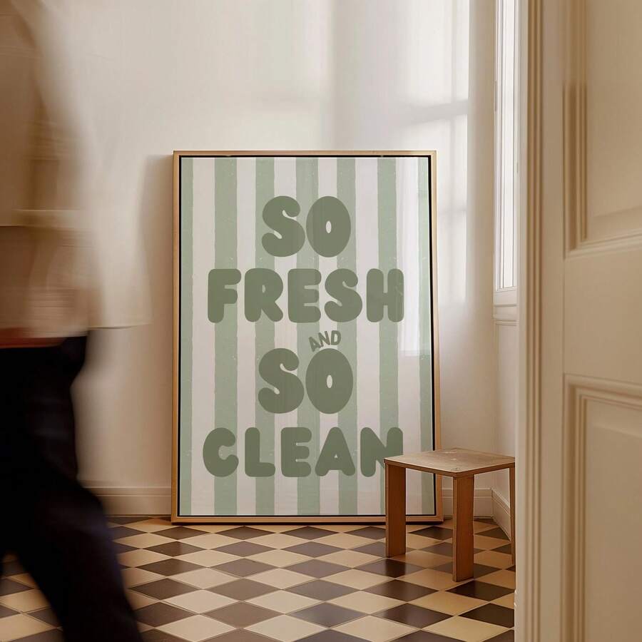 1pc So Fresh And So Clean Wall Art Picture Sage Green Striped Prints Canvas Paintings Funny Bathroom Posters Retro Quote Decor For Bedroom,Living Room,Dorm Y2k Apartment Laundry Room Decor Gift For Her Unframed Or Framed - Multicolor - View 1