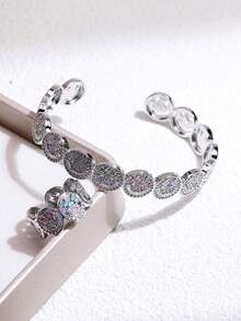 Bộ 1/2 chiếc vòng tay và nhẫn sang trọng đính đá Zirconia hình tia sét, nhẫn mặt cười bằng đá Zirconia sáng bóng, vòng tay điều chỉnh được bằng đồng mạ vàng 18K đính đá Zirconia hình mặt cười, thích hợp làm quà tặng ngày Valentine. - đồ trang sức mặt - Xem 12