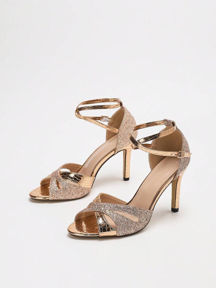 1 Paio di Eleganti e Alla Moda Sandali con Tacco Alto e Punta Aperta da Donna, Cinturino Alla Caviglia Regolabile con Fibbia - Materiale Sintetico Lucido, Scarpe da Festa Estive Adatte per Matrimoni, Eventi Serali e Occasioni Formali - Champagne - Visualizzare 4