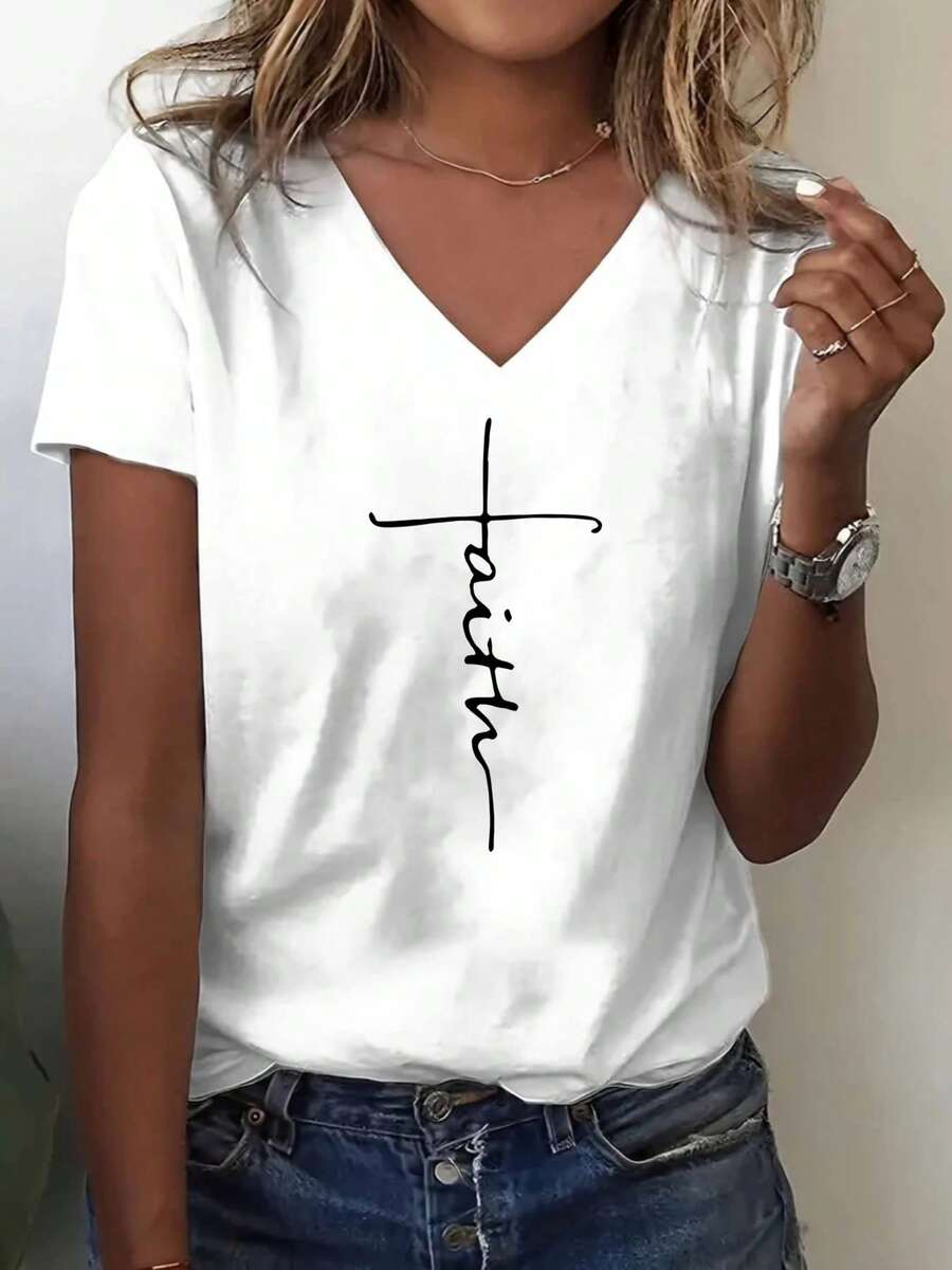 Daily V-Neck T-Shirt With Standard Size Faith Print Suitable For Daily Life, Going Out, Leisure, And The Best Choice To Give To Friends And Family - 白色 - 查看 1