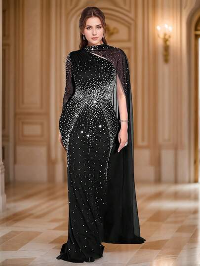 Abito lungo in chiffon nero con collo rotondo, una spalla scoperta, con strass sfavillanti, adatto per feste di compleanno, matrimoni, balli