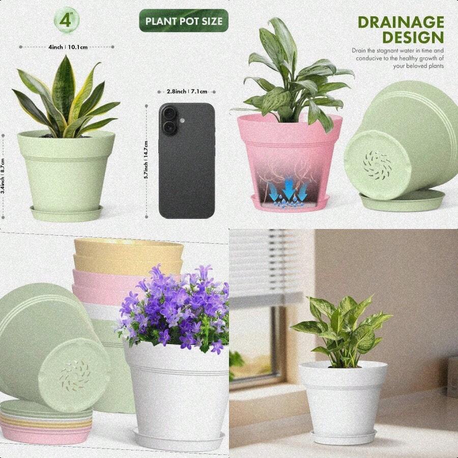 4 Inch Plastic Plant Pots With Drainage Holes And Trays 8 Pack Small Nursery Pots For Indoor Outdoor House Plants And Flowers Seedling Starter Planters Colorful