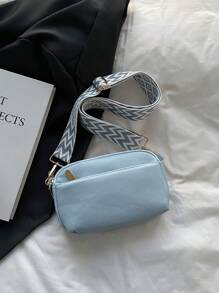 迷你简约纯色斜挎包，时尚 PU 单肩包，女士休闲手提包和手机钱包 - 藍色 - 查看 7