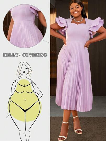 Robe midi élégante à col carré, manches à volants et plissée pour femmes grande taille, couleur violet clair