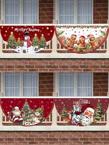 1pc Merry Christmas Fan-Shape Banner, Polyester Santa Claus Snowman Outdoor Banner, 2025 Christmas Decorations For Home Garden Fence, Yard Bunting Flag, Xmas Party Supplies