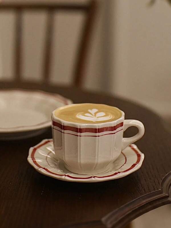 1 set Tasse et soucoupe en céramique avec ligne rouge vintage, assiette avec ligne rouge, schéma de couleurs classique, design minimaliste, convient pour l'espresso/cappuccino, élégant pour un usage quotidien
