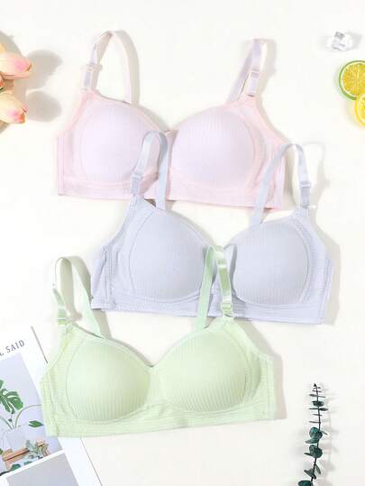 3件套少女罗纹舒适简约文胸，适合13-16岁女孩。