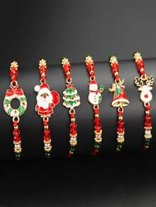 6 件圣诞元素卡通可爱手链套装，包括圣诞老人、圣诞树、驯鹿、雪人、铃铛、手工串珠手链，非常适合圣诞节佩戴和送礼 - 金色 - 查看 5