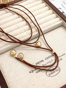 1pc Multi-Layer Leather Rope Heart Necklace Choker, Short Necklace, Sweet & Cool Layered Necklace, Suitable For Daily Wear - Heart - View 2