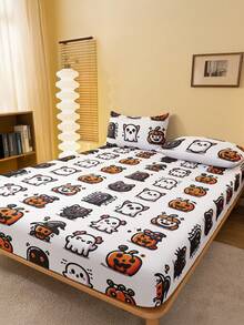 1 件万圣节床笠、床上用品、床垫保护套、床罩、床单、舒适家纺、透气床垫保护套、不给糖就捣蛋、柔软舒适、整洁百搭、卡通图案床罩、万圣节房间装饰