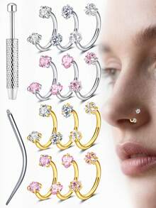2 件鼻环耳钉，带 1 个穿孔锥体和 1 个球形抓取器，不锈钢 3 毫米 CZ 18G 鼻钉，心形星形唇眉螺旋耳马蹄形鼻中隔穿孔饰品，白色粉色 CZ 内螺纹 8 毫米鼻环，适合女士和男士 - 彩色 - 查看 11