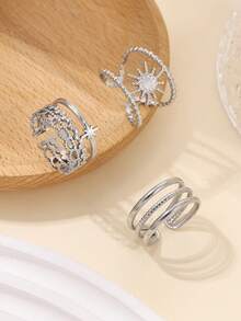 3pcs Adjustable Stainless Steel Golden Sunburst Design Rings, Suitable For Women's Daily Decoration Or Gift - Silver - View 2