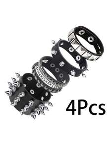 9/4/3/1 Pcs Punk Rivet Leather Bracelet Set - Handmade Rivet PU Leather Bracelet, 80s Emo Style PU Leather Bracelet, Unisex, Rivet PU Bracelet, Suitable For Party And Gifts - Black - View 11