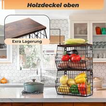 2-Stöckiger Obstkorb mit Wandhalterung & Holzdeckel – inkl. 4 Bananenhaken, Hängende Etagere & Stapelbare Obstschale aus Metall, Atmungsaktives Mesh-Design – Obst- & Gemüseaufbewahrung für Küche & Speisekammer - Schwarz - Übersicht 2