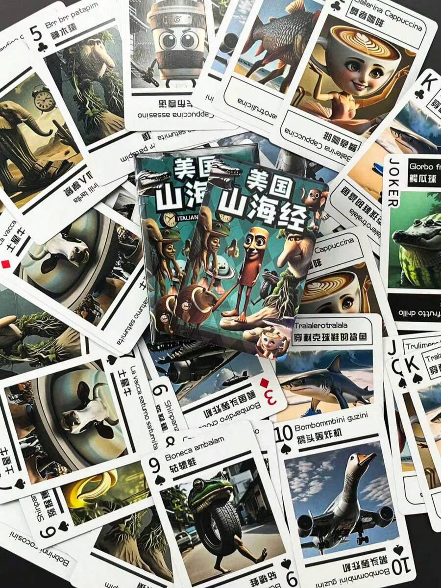 54 张 Brainrot 异国怪人趣味风格扑克牌，配有 Tung Tung Sahur、Tralalero Tralala 和 Schimpansinni Bananini 扑克 - 古怪的插图，耐用纸板，适合家庭游戏、同学聚会和派对娱乐，家庭纸牌游戏，俏皮的卡片设计，坚固的卡片材料，团体活动，幽默的插图，持久的材料，社交聚会