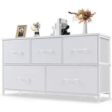 5 Drawer Dresser, Wide Chest Of Drawers Nightstand Storage Tower Storage Fabric Dresser With Wood Top Living Room, Bedroom, Hallway,White - Black - View 8