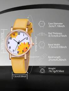 6pcs/Set Yellow PU Leather Strap Women's Watch Set, Fashionable Petite Fresh Floral Element Quartz Watch, Includes Bracelet, Necklace And Earrings, Suitable For Daily Wear, Perfect Gift For Her - Yellow - View 5