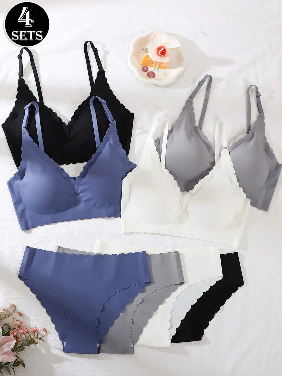 8件套女士无缝简约纯色无钢圈舒适透气可拆卸衬垫荷叶边文胸和低腰内裤套装