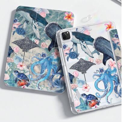 可爱海洋元素图案防震基础款平板电脑保护套，适用于可爱卡通海洋动物（鲸鱼、鲨鱼、海星、海龟、水母）、字母、花卉图案，双面亚克力透明水晶后盖，防震，适用于第7、8和10代（10.2英寸）平板电脑。内置笔槽，支持睡眠/唤醒功能和多种折叠支架模式。是节日、新年、生日、春季派对的理想礼物。