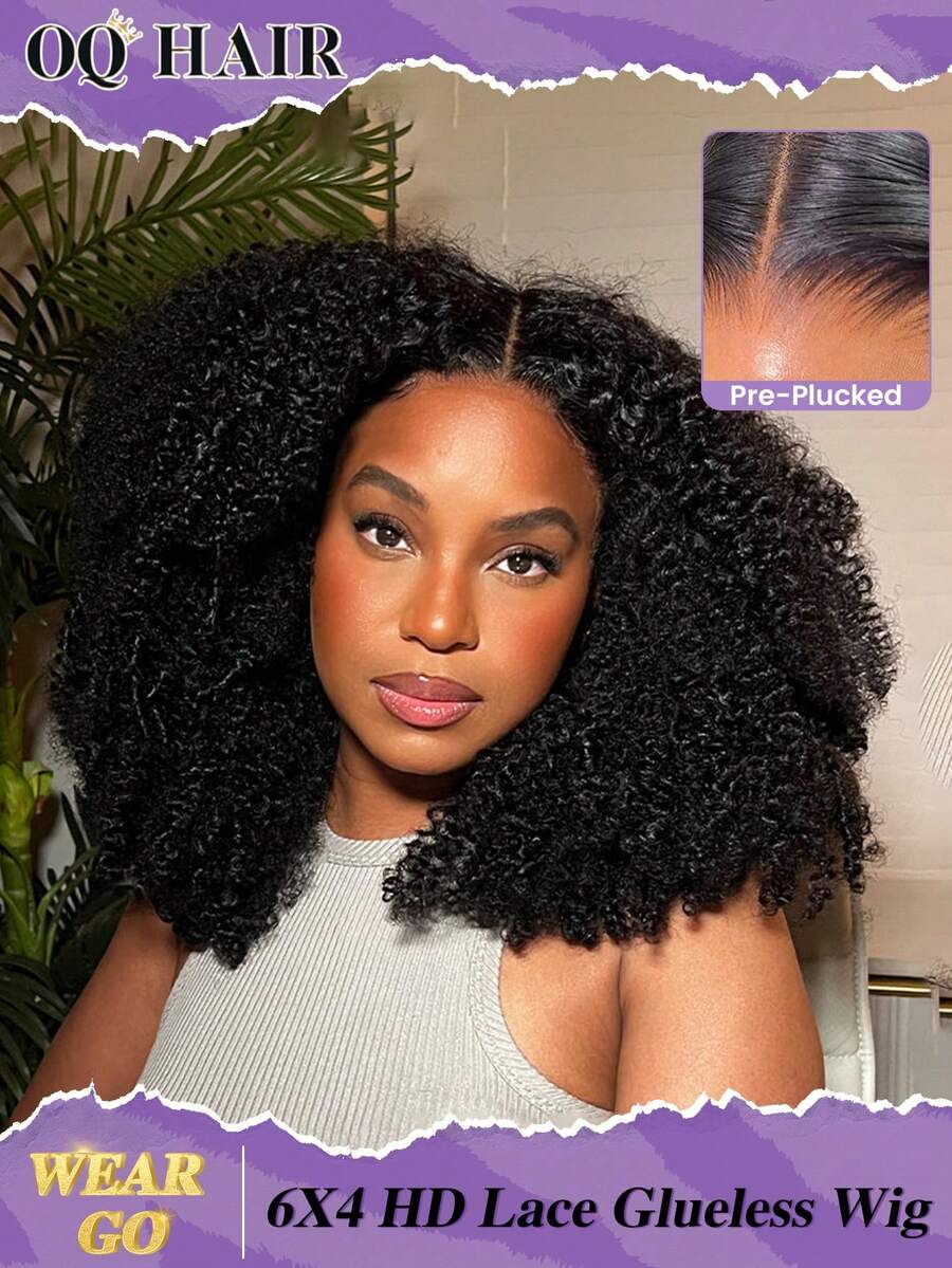 OQ Hair Wear And Go Glueless Wig Kinky Curly 6x4 HD Lace Closure Wig Human Hair Wig Glueless Wear Go Wigs Pre-Cut & Pre-Plucked 180% Density 24 Inch Unprocessed Real Hair Natural Color Stylish Natural Looking Young For Women Halloween Maquillaje Hair Extensions Cosplay Fairy Hair Wedding Mermaid Black Wig Hair Stuff