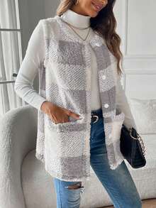 2025 Herbst/Winter Damen Lässig umkehrbarer Fleeceweste, karierter Jacke