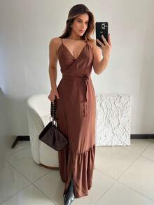 Long Wrap Dress With Straps - Nâu đất son - Xem 4