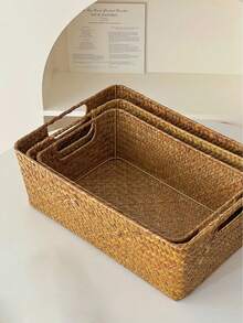 1 pezzo Scatola di immagazzinaggio intrecciata in erba marina con coperchio, organizer decorativo da tavolo, contenitore organizzativo per la casa, cestino intrecciato per spuntino, soluzione di immagazzinaggio in fibra naturale per camera da letto, soggiorno, cucina, dispensa, cestino in vimini fatto a mano con manico - Giallo - Visualizzare 8