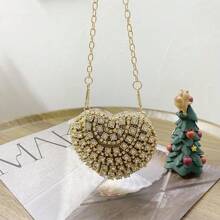 Luxury Mini Diamond Inlay Heart Shape Crystal Clutch Purse Stones Evening Wedding Party Shoulder Bags Handle Rhinestone Handbags ,Wedding - Gold - View 6