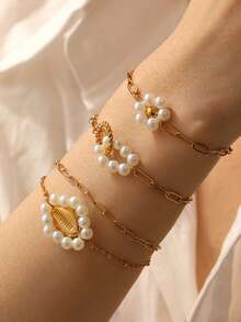 1 Fashionable And Versatile Daily White Bead Decoration Shell Flower Circle Pattern Accessory Cross Chain Stainless Steel Women's Bracelet