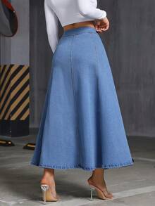 Women's Denim Big Wide Swing Dress Elastic Front Buckle Big Dress - 淺色水洗藍 - 查看 2