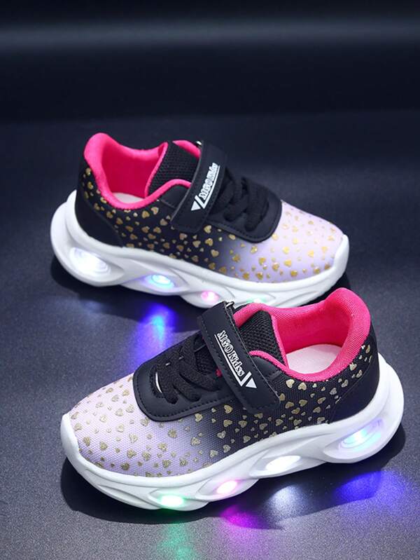 MGO Kidss Tênis infantis MGO primavera/outono com iluminação LED, tênis casuais de cano baixo com gradiente, calçados esportivos leves e respiráveis, antiderrapantes, sapatos brilhantes de princesa para meninas, 1 a 6 anos