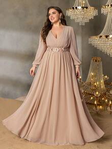 Faeriesty Vestido formal de gasa con mangas farol, escote en V y aplicaciones elegantes para fiestas, bodas, bailes de graduación, eventos de alfombra roja y banquetes de alta gama para tallas grandes