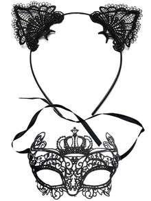 D EXCEED 2Pcs Cat Women Mask And Necklace Set Halloween Sexy Cat Costume Party Cosplay Punk Accessories Gift - Black - View 4