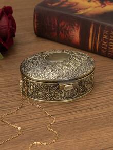Caixa de joias oval com estampa floral em bronze antigo: decoração vintage, artesanato esculpido, armazenamento elegante para brincos e anéis, ótima opção de presente - Bronze - Ver 5