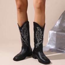2026 Womens Fold Over Boots Knee High Boots For Winter, Autumn,Pointed Toe High Heel Boots.Black Cowboy Boots For Women,Pointed Toe Embroidery Western Boots,Women's Winter Boots.Women's Thick Soled Cowboy Boots,Chunky Heels Casual Comfortable Mid Calf Boots For Daily Wear. - 黑色 - 查看 4
