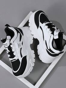 Zapatillas deportivas casuales con suela gruesa y plataforma superior de color suave para mujer - Negro - Ver 5