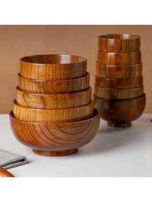 1pc,Japanese Style Wooden Bowl Jujube Wooden Bowl Round Large Soup Bowl Creative Children's Rice Bowl Tableware - Multicolor - View 8