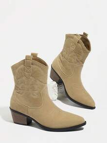 Botines de mujer de punta fina con slip-on, forro de algodón, tela de ante, bordado occidental, tacón grueso, tacón medio, color albaricoque, botines de estilo americano, adecuados para otoño/invierno - Albaricoque - Ver 5