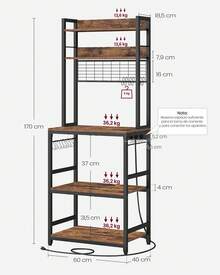 Estantería para Panadería con Toma de Corriente, Soporte de Microondas, Estantería de Cocina, Alambre de Metal, 14 Ganchos, 40 x 80 x 170 cm/40 x 60 x 170 cm, Marrón Rústico y Negro - Marrón - Ver 7