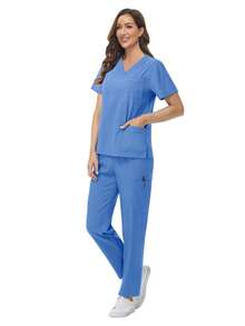 女士透气柔软短袖上衣直筒裤套装，适用于美容美甲师、护士等春季穿着，适合美容院、美甲师等工作场合。 - 深邃藍 - 查看 3