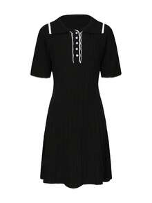 Knit Mix Vestido de punto de manga corta con bloque de color, estilo francés elegante y chic para Navidad y Año Nuevo, vestido de suéter sencillo para mujeres