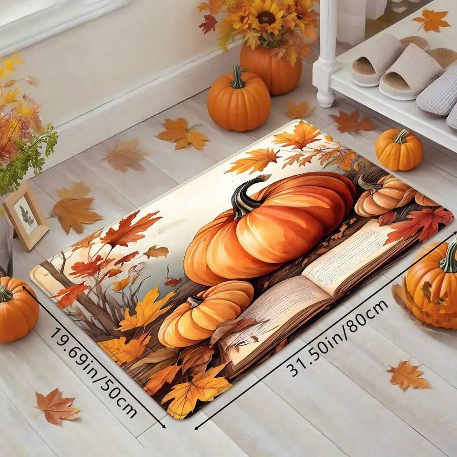 1 pieza Felpudo festivo con estampado de calabaza creativa de Acción de Gracias, hojas caídas y libros, de material suave antideslizante y absorbente lavable, para decorar la entrada del hogar durante las fiestas, adecuado para sala de estar, dormitorio, cocina, lavandería y baño