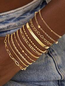 6/11/12pcs Set Faux Pearl, Snake Chain, Twisted Chain, Smooth Round Disc, Rhinestone Bling Bling Curvy Chain, Wide Chunky Metal Bracelet, Fashion Elegant Vintage Design, Suitable For Holiday, Party, Date, Gift, Daily Wear - Yellow Gold - View 7
