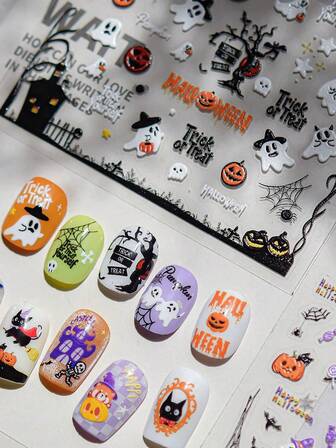 1pc Spooky Cartoon Halloween Nail Stickers - Colorful Icons (Ghosts, Pumpkins), Perfect For DIY Stylish & Festive Manicures