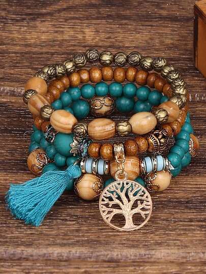 4pcs/Set Bohemian Style Wooden Beads Tassel Set Bracelets, Suitable For Women's Daily Party Wear
