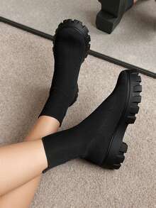 Botas elásticas negras de suela gruesa para mujer, cómodas y fáciles de usar, fuerte elasticidad, adecuadas para otoño e invierno. - Negro - Ver 3